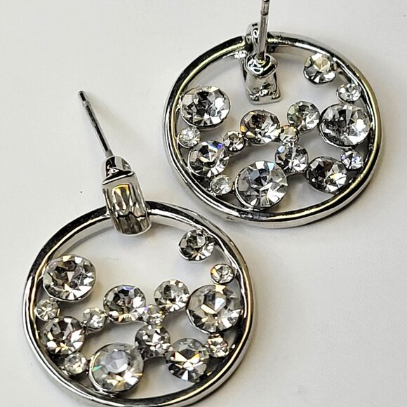 Small Crystal Round Earrings Rhinestone Bridal Small Silvertone Earrings - Picture 1 of 8